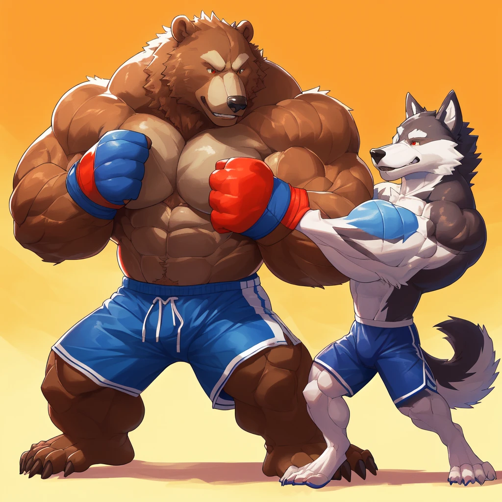 Huge muscular thick Grizzly Bear bodybuilder shirtless in blue MMA shorts, blue MMA gloves and blue foot wear, muscular Husky Dog bodybuilder shirtless in red MMA shorts, red MMA gloves and red foot wear, at the MMA tournament. MMA Grizzly bear vs MMA Huku challenger. Fighting match
