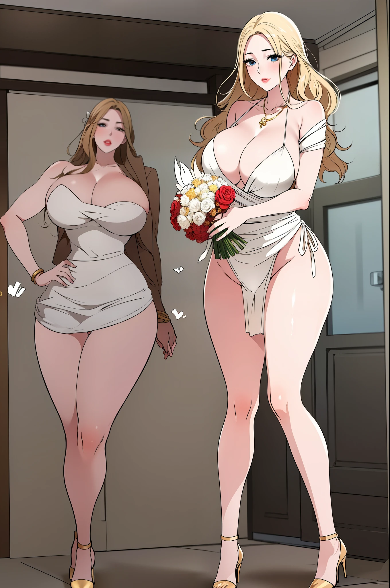 An extremely beautiful stunning woman with a perfect busty body, gold blonde long silky hair, big blue eyes, extremely super bright snow white fair stunning flawless glowing lush shiny flawless white skin, a perfect tight hourglass figure, and a skinny waist, sexy thick smooth luscious legs and thighs, extremely cute smile on the face, bright pink blushes on cheeks, wearing a short sexy tight revealing white bikini with threads, yellow heels, gold necklace on the neck, gold anklets on feet, gold chain on the waist, standing straight, holding a red roses bouquet, beach in the background, show full body from head to feet.