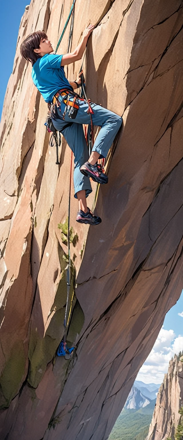 Rock climber's rock climbing scene.Beautiful and extremely fine texture,detailed, bright, Animation style high definition and high quality presentation