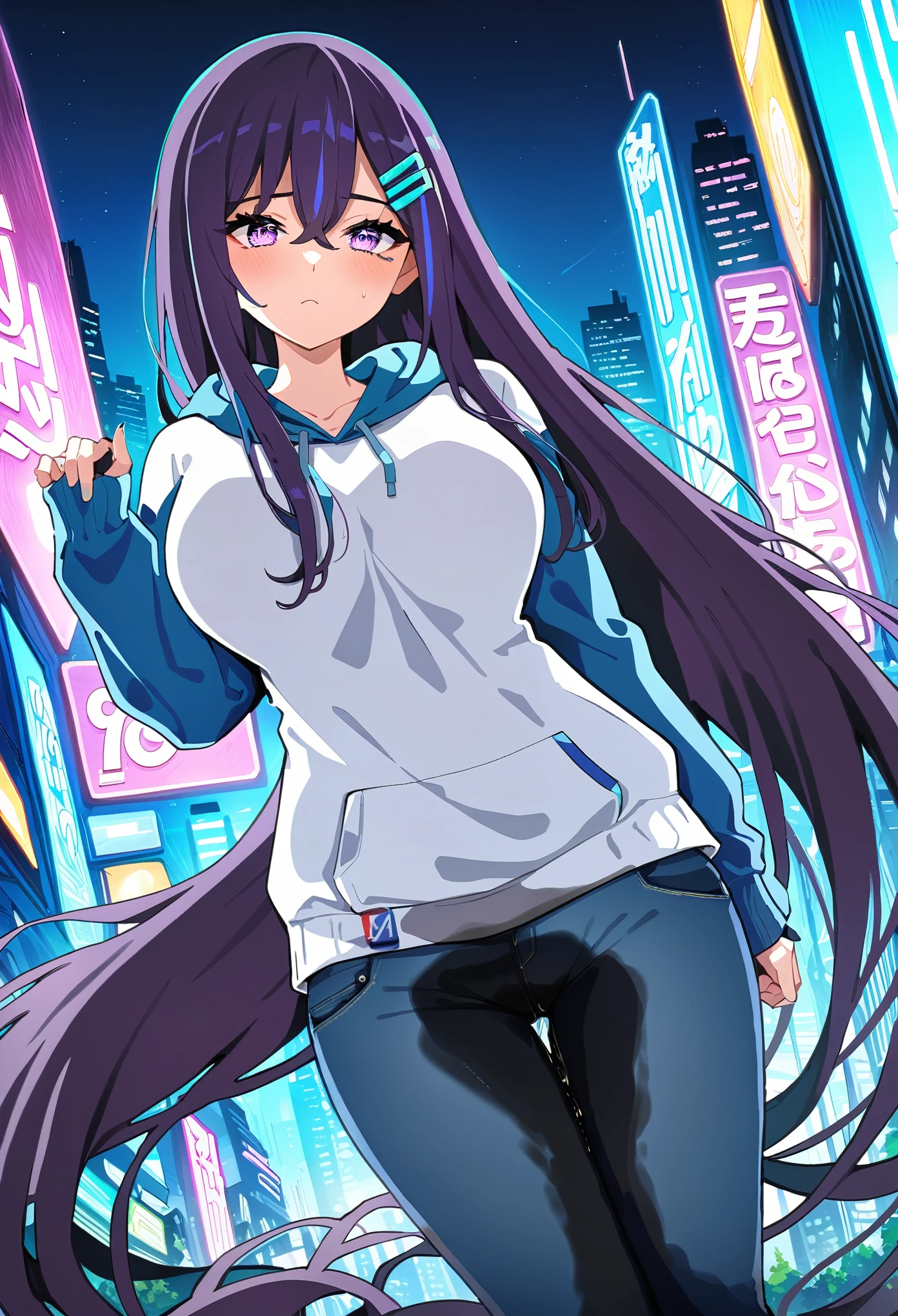 (masterpiece:1.37), best quality, (extremely detailed:1.37), woman, mature, adult, large breasts, (very long hair:1.5), dark purple hair, purple eyes, (extremely detailed eyes:1.37), hoodie, jeans, desperation, (wetting: self 3.0), standing, city, futuristic, neon lighting, high-tech
