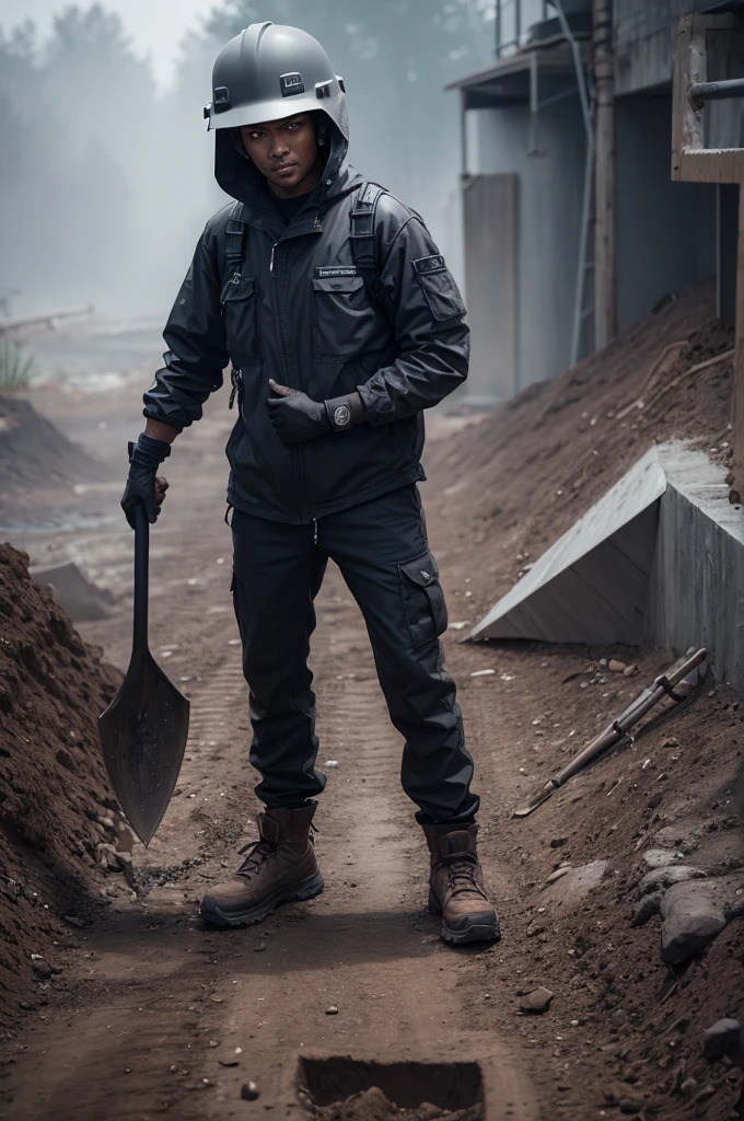 LnF 👺, dark gray skin, miner outfit, and a shovel