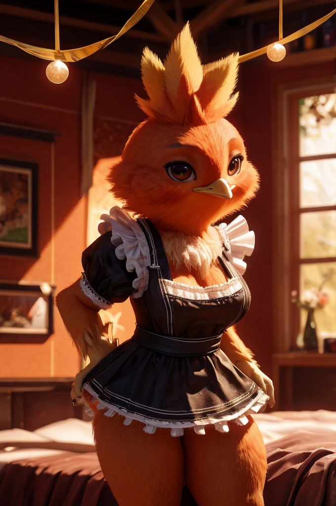 Female,Bird,Torchic background, (cinematic lighting:1.1), (perfect focus:1.1), 8k hd, (detailed eyes:1.2),depth of field, bokeh, subsurface scattering, perfect breasts, wide ,((Traditional maid clothing with short skirt showing sexy thighs  , posing sexy)),bright colors, (furry detail:1.3),detailed background, realistic, photorealistic, ultra realistic,in his room with a large bed and many decorations ,realistic, photorealistic ,blushing mischievous smile ,(fluffy:1.3), furry, buff, (realistic fur:1.1), (extreme fur detail:1.2),((light orange fur)),(Black pupil, brown eyes,pixar style eyes)Torchic Tail, 3d pixar legs,sexy body.