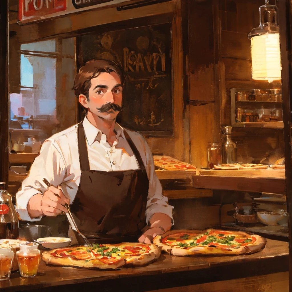 1guy, 30 years old, pizzaiolo, short brown hair, moustache, cinematic shot, beautiful lighting, masterpiece.