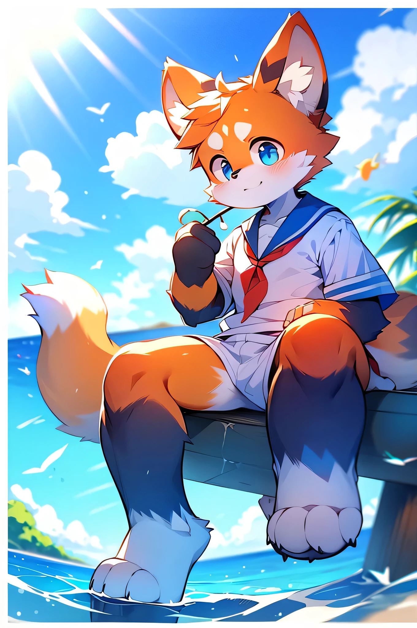 Male Red Panda, Ocean, Appeared wearing a sailor uniform! One in heat, Sitting,fly in the sky，Blue light with two legs，