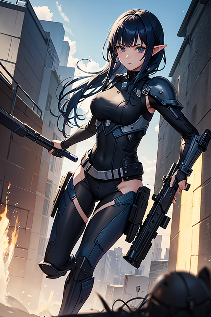 Create a high-quality image featuring an elf girl with dark navy-blue hair and straight-cut bangs. She is a member of a special forces police unit, holding a lightsaber. The background should feature a city inside a dome, with a black armored vehicle beside her. 