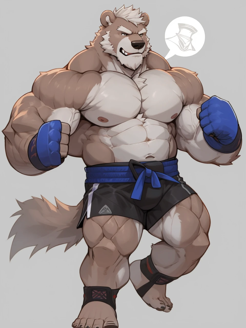 solo, 1boy, Huge Muscular Old Grizzly Bear wearing kickboxing MMA belt , thick pectoral, thick arms, huge pectoral, wide pectoral, hige brown fur, short white hair, Kickboxing MMA shorts, kickboxing MMA gloves, Kickboxing MMA Footwear 5 toes and shirtless, bearded, Kickboxing Martial Arts Cage Tournament background, masterpiece, semirealistic:1.2, high detailed, 8k, high resolution,  kicking and punching