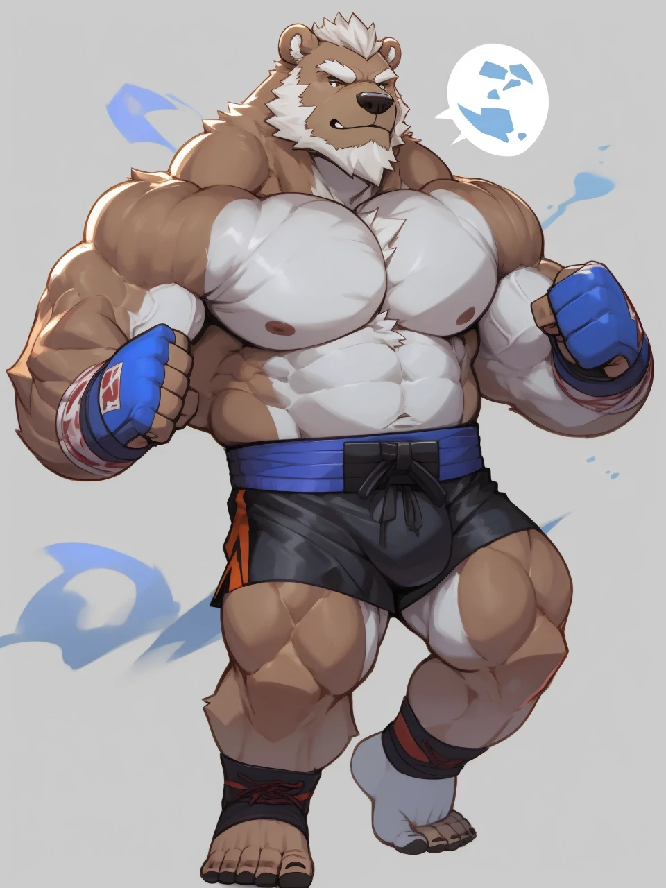 solo, 1boy, Huge Muscular Old Grizzly Bear wearing kickboxing MMA belt , thick pectoral, thick arms, huge pectoral, wide pectoral, hige brown fur, short white hair, Kickboxing MMA shorts, kickboxing MMA gloves, Kickboxing MMA Footwear 5 toes and shirtless, bearded, Kickboxing Martial Arts Cage Tournament background, masterpiece, semirealistic:1.2, high detailed, 8k, high resolution, kicking and punching
