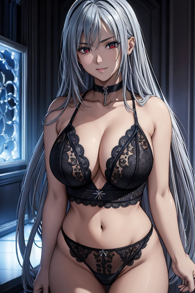(Half Shot),(Surreal), (shape), (Increased resolution), (8K), (Very detailed), (Best shape), (Beautiful and detailed), (Highest quality), (Very detailedな), (masterpiece ), ( wallpaper), (Detailed face), alone, 1 Girl, slender, Looking at the audience, The finer details, Detailed face, In the Dark, Deep Shadow, Red Eye, Inconspicuous key, Pure erotic face ace_v1, Long Hair, Silver shawl straight hair , 46 point diagonal bangs, (Light_smile:0.5), (Very embarrassed:0.8), black lace thong,