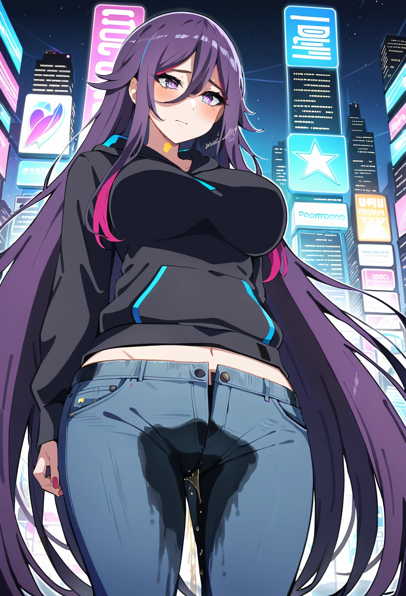 (masterpiece:1.37), best quality, (extremely detailed:1.37), woman, mature, adult, large breasts, (very long hair:1.5), dark purple hair, purple eyes, (extremely detailed eyes:1.37), hoodie, jeans, desperation, (wetting: self 3.0), standing, city, futuristic, neon lighting, high-tech