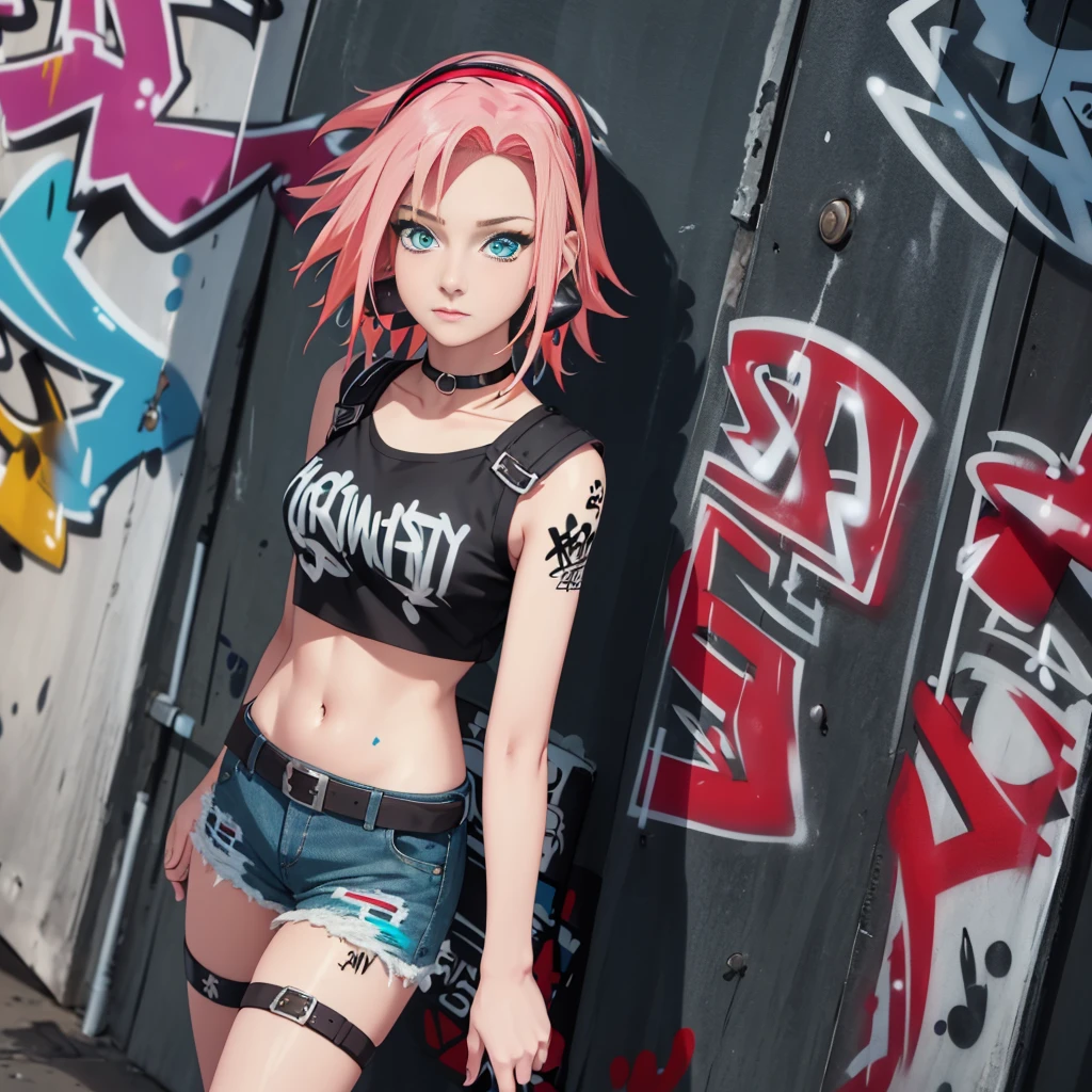 masterpiece, best quality, (extremely detailed CG unity 8k wallpaper, masterpiece, best quality, ultra-detailed, masterpiece, best quality, 1girl, solo, crop top, denim shorts, choker, (graffiti:1.5), paint splatter, arms behind back, against wall, looking at viewer, armband, thigh strap, paint on body, head tilt, bored, multicolored hair, aqua eyes, headset,