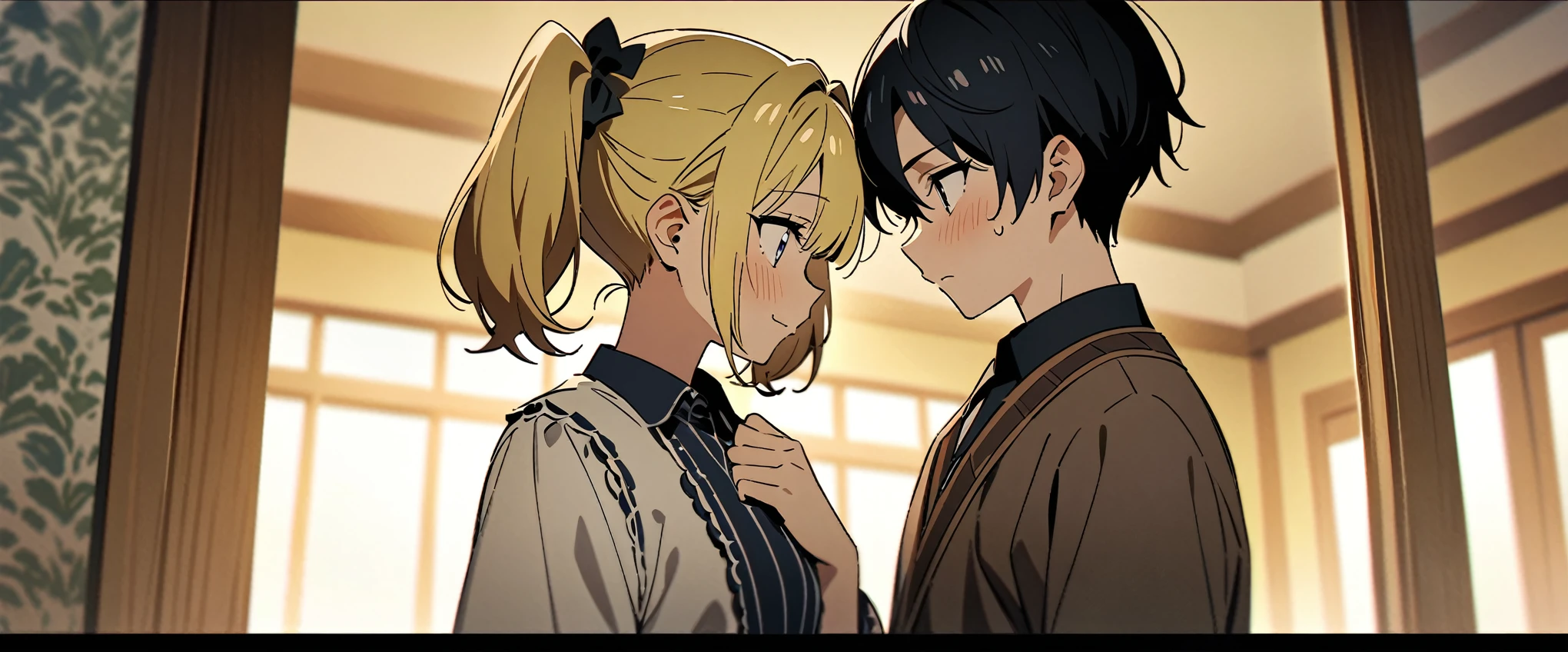 (((masterpiece,Highest quality))),((There is no one else but these two)),(((An anime woman with black hair in twin tails, wearing ta fashion, with dull eyes and a sickly expression))),(((A blonde anime guy with a bad look and rock-style fashion))),((Two people are facing each other and arguing in the living room of a Western-style room.)),Focus on people,(high quality),アニメ
