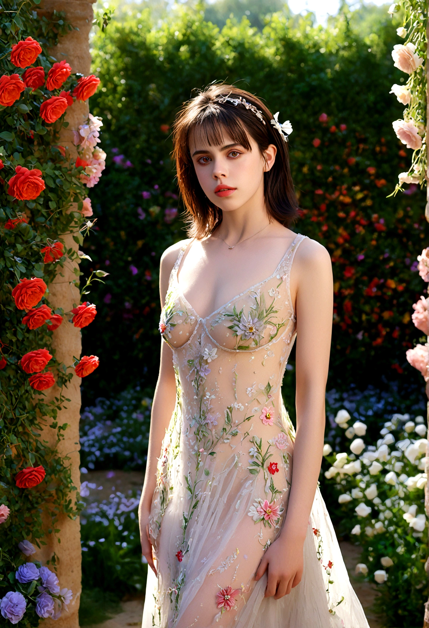 1girl, Fairuza Balk (age 18), stunning detailed eyes, sheer airy gown with flower embroidery open down the middle concealing very little, nude underneath, walking through a well tended flower garden, midday, sultry poses, open legs, full body shot, 1990s, (best quality,4k,8k,highres,masterpiece:1.2),ultra-detailed,(realistic,photorealistic,photo-realistic:1.37),HDR,UHR,studio lighting, ultra-fine painting,sharp focus,physically-based rendering,extreme detail description,professional,vivid colors,bokeh,portrait
