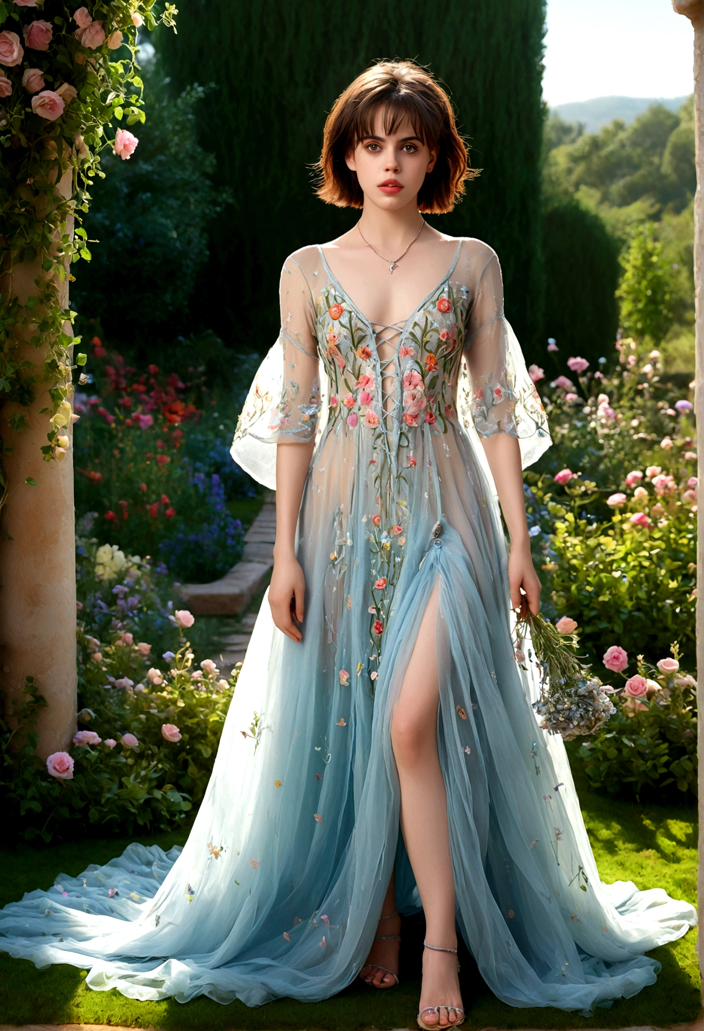 1girl, Fairuza Balk (age 18), stunning detailed eyes, sheer airy gown with flower embroidery open down the front, nude underneath, walking through a well tended flower garden, midday, full body shot, 1990s, (best quality,4k,8k,highres,masterpiece:1.2),ultra-detailed,(realistic,photorealistic,photo-realistic:1.37),HDR,UHR,studio lighting, ultra-fine painting,sharp focus,physically-based rendering,extreme detail description,professional,vivid colors,bokeh,portrait