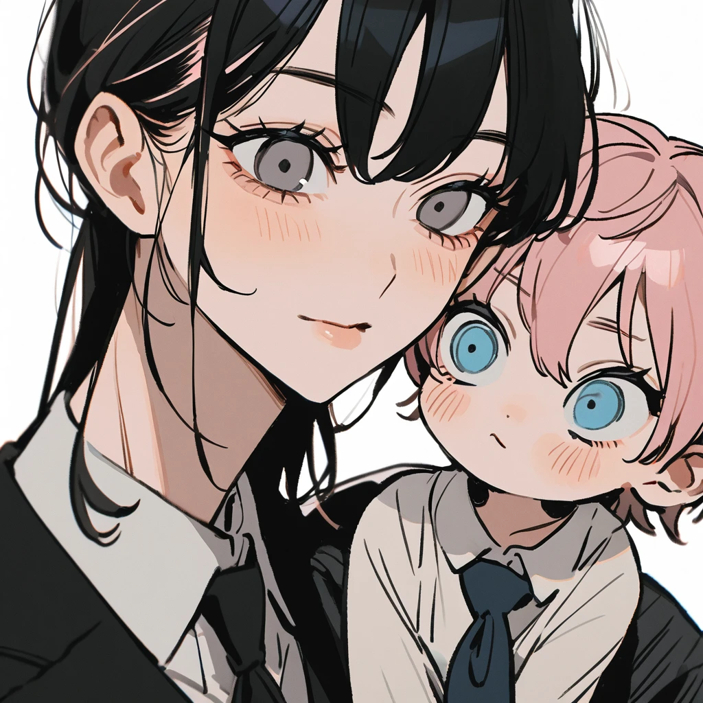 1 older woman with long, light pink hair and blue eyes, kissing the cheek of a little boy with short black hair and gray eyes,the woman is taller, both in a black suit, white background and chainsaw man style