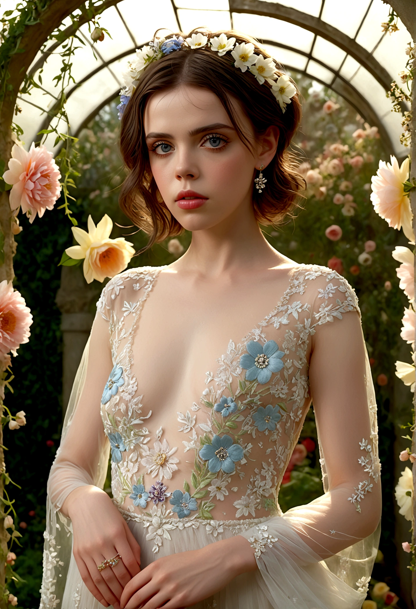 1girl, Fairuza Balk (age 18), stunning detailed eyes, sheer airy gown with flower embroidery open down the middle concealing very little, nude underneath, walking through a well tended flower garden, midday, sultry poses, open legs, full body shot, 1990s, (best quality,4k,8k,highres,masterpiece:1.2),ultra-detailed,(realistic,photorealistic,photo-realistic:1.37),HDR,UHR,studio lighting, ultra-fine painting,sharp focus,physically-based rendering,extreme detail description,professional,vivid colors,bokeh,portrait
