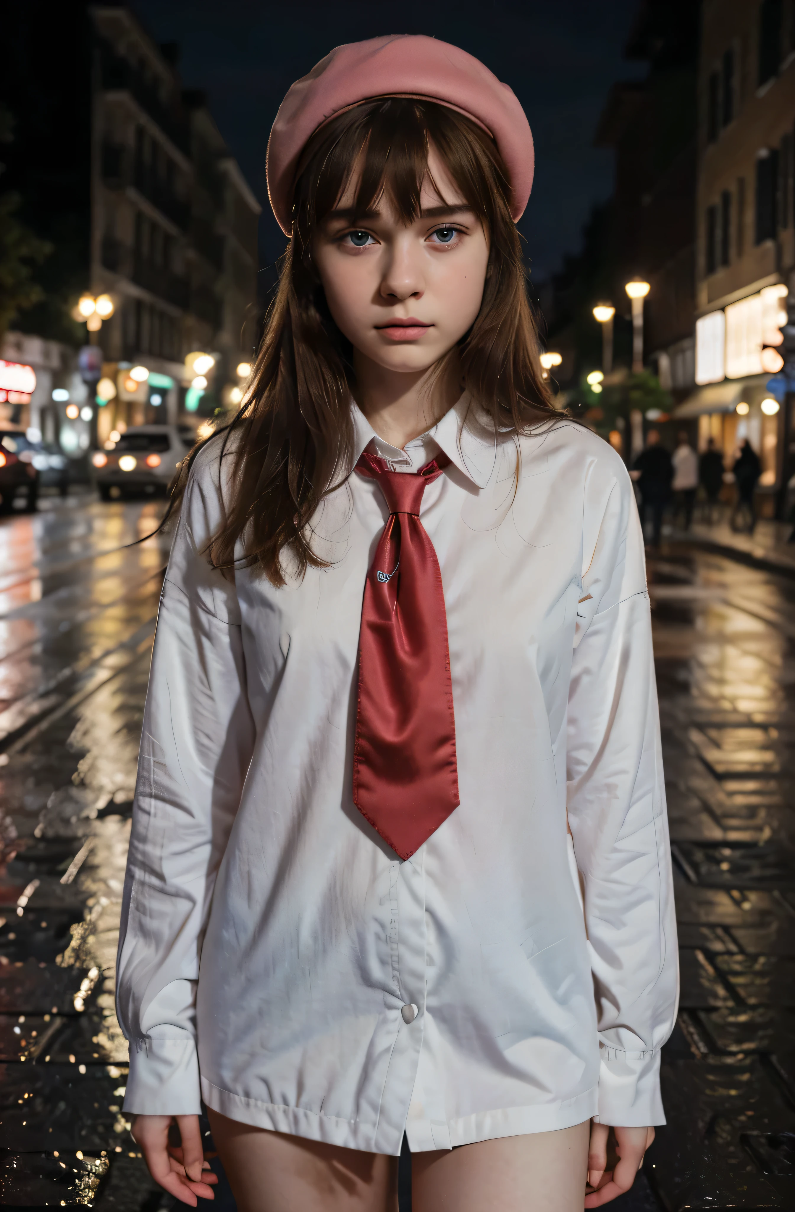 (best quality,hyper-realistic,ultra-detailed,8k), ager, fifteen years old, shy, sad, paleness, big blue eyes, very white skin, small nose, short middle brown hair with bangs, melancholy, delicate, feminine, skinny, elegant student uniform, french pink Beret, red tie, empty street, brilliant colors, rain, night, city lights.