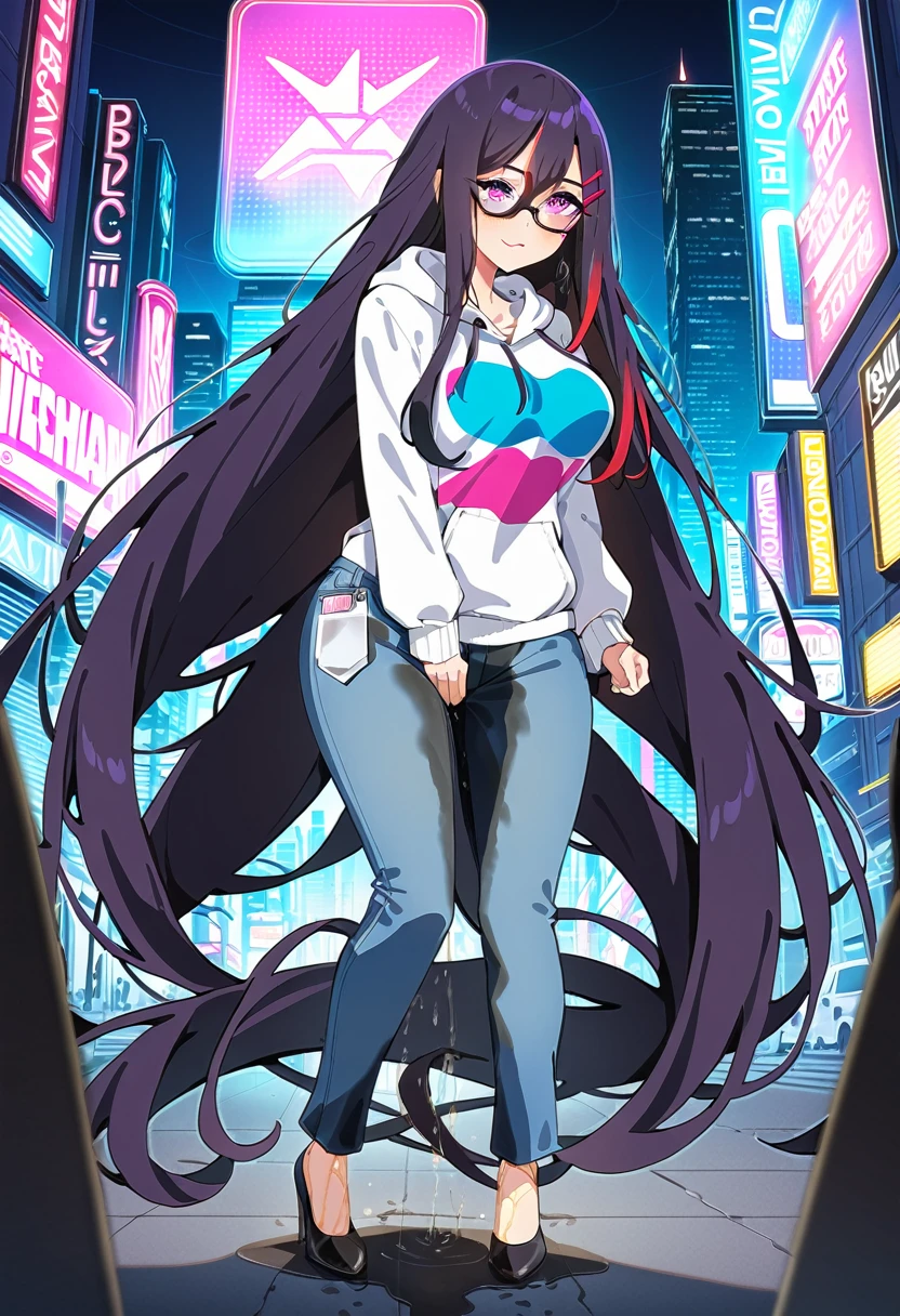 (masterpiece:1.37), best quality, (extremely detailed:1.37), woman, mature, adult, large breasts, (very long hair:1.5), dark purple hair, purple eyes, (extremely detailed eyes:1.37), hoodie, jeans, desperation, wetting self, standing, city, futuristic, neon lighting, high-tech, full body