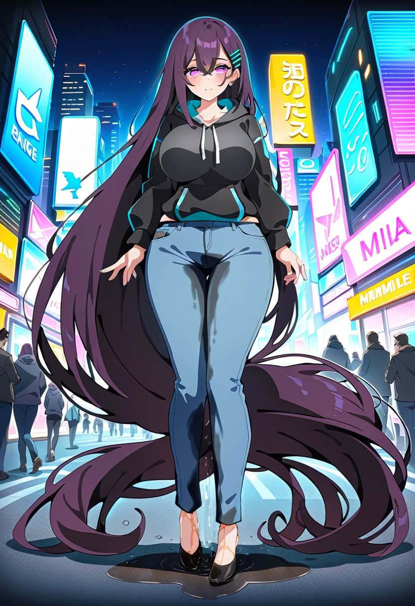 (masterpiece:1.37), best quality, (extremely detailed:1.37), woman, mature, adult, large breasts, (very long hair:1.5), dark purple hair, purple eyes, (extremely detailed eyes:1.37), hoodie, jeans, desperation, wetting self, standing, city, futuristic, neon lighting, high-tech, full body