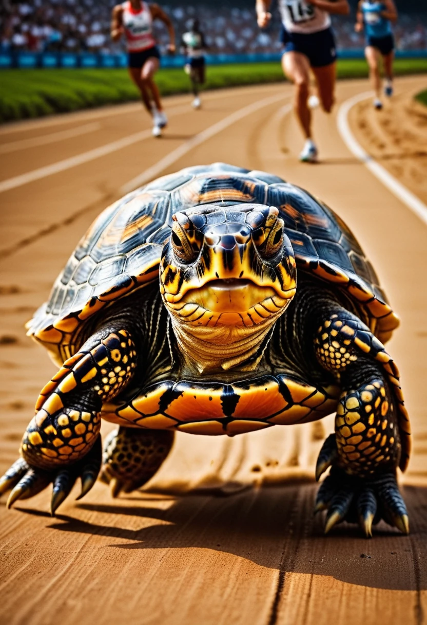 a close up shot on a ((anthmorph turtle: 1.5)) sprinter in a running lane getting ready to sprint in the Olympics, tense look, getting ready to sprint, (best detailed face: 1.3), lean muscled body, sweat beads on forehead, (wearing athletic shirt, pants and sneakers: 1.2), (anatomically correct: 1.4), (full body shot: 1.1) , vibrant, Ultra-high resolution, High Contrast, (masterpiece:1.5), highest quality, Best aesthetics), best details, best quality, highres, ultra wide angle, 16k, [ultra detailed], masterpiece, best quality, (extremely detailed), Cinematic Hollywood Film, Anthro... woman
