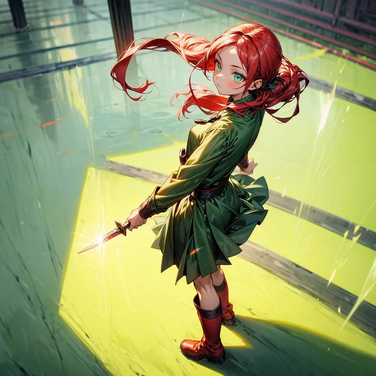 1childern girl, Full body version, 1character, green eyes color, long hairstyle, red colour hair, soldier style clothing, Long skirt, long socks, long boots, red earrings, two gold sword in two hand, full armors in body, full background, Grassroots, background in town, motion blur, shadow, standing gesture, sword emits a black aura, smoke, blue fire, lighting sword, lighting hologram, satan, lighting blue fire, (Hunter x Hunter style art)