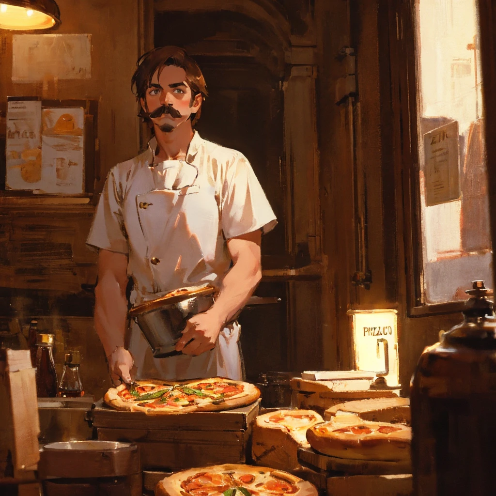 1guy, 30 years old, pizzaiolo, short brown hair, light moustache, cinematic shot, beautiful lighting, masterpiece.