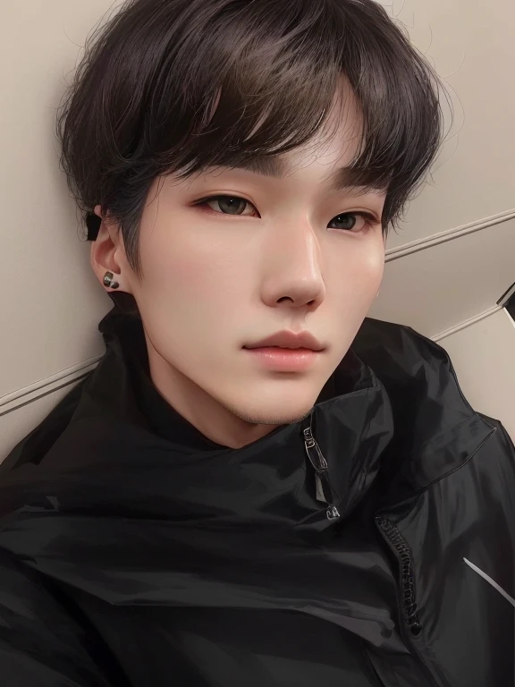 a closeup of a person wearing a black jacket, blonde hair yoongi, pale korean adorable face, profile headshot, taken in the early 2020s