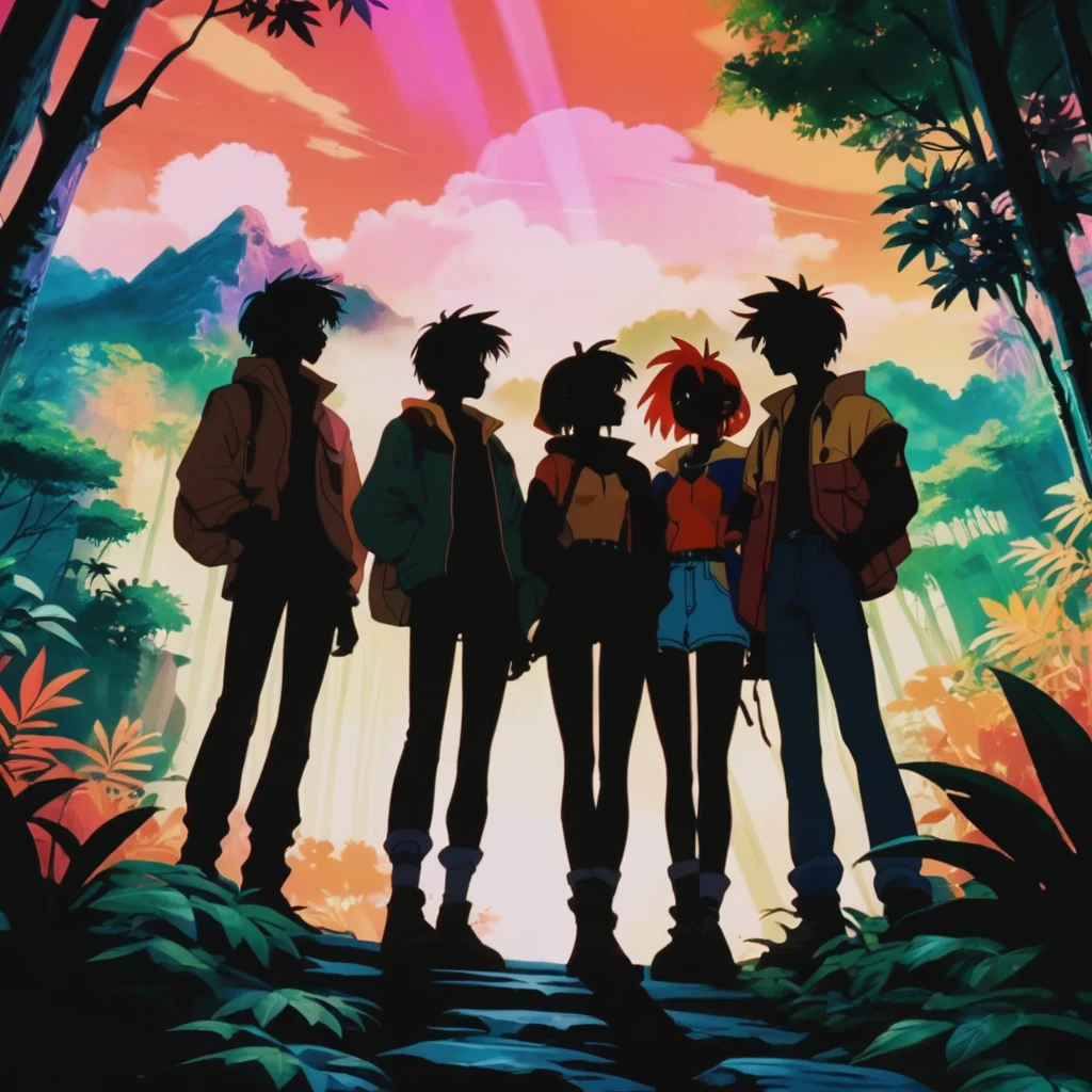 Anime illustration portrait, Vibrant colors, Colorful color grading, Volumetric Light,Nostalgic anime style, 90s aesthetic, adventure scene with silhouettes of four friends, lush jungle background, mysterious aura, warm color palette