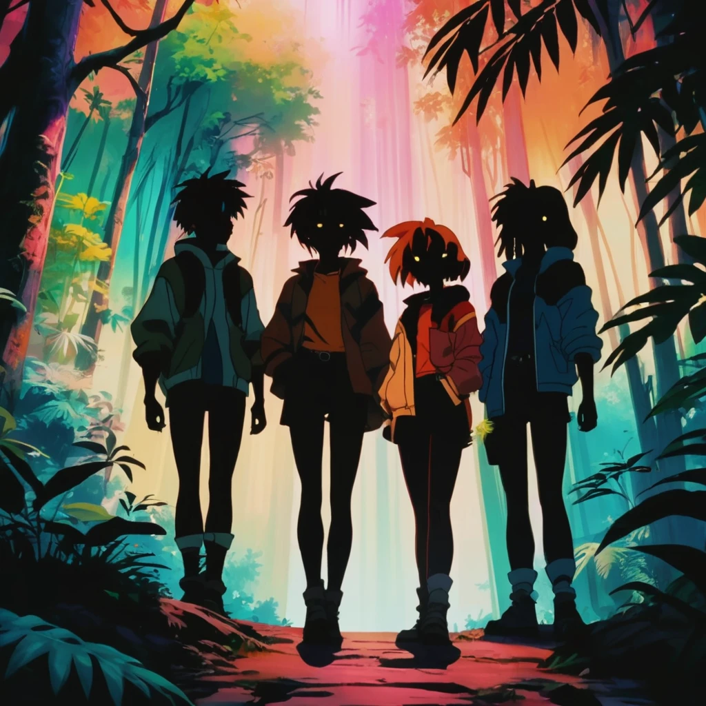 Anime illustration portrait, Vibrant colors, Colorful color grading, Volumetric Light,Nostalgic anime style, 90s aesthetic, adventure scene with silhouettes of four friends, lush jungle background, mysterious aura, warm color palette