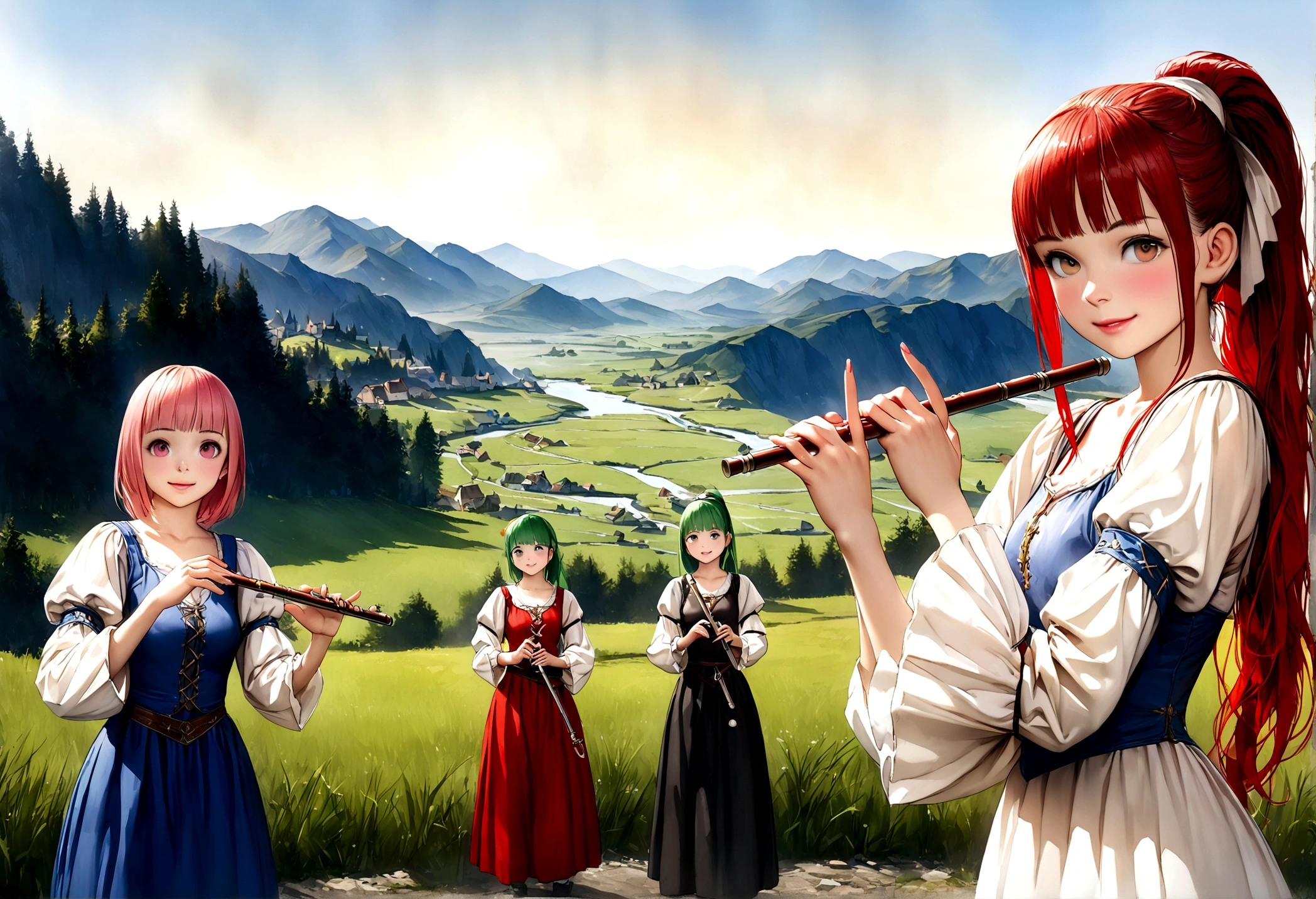 (((Top quality, 4k, 8k, high resolution, masterpiece: 1.2))), (super detailed), (realistic), (photorealistic), (photorealistic: 1.37), (HDR, UHD), (studio (lighting)), ultra-fine drawing, sharp focus, physically based rendering, highly detailed, professional, vibrant colors, perfect ditaile hand, highly detailed realistic eyes, girl, one girl, multiple girls, A lot of girls,  smile, open mouth, close mouth, short hair, medium hair, medium length, long hair, ponytail, red hair, blue hair, blonde hair, green hair, pink hair, medieval European clothing, Citizen's Clothing from Medieval Europe, miniskirt, mid-length skirt, long skirt, chinos pants, (((playing the flute))), (((playing the drums))), Medieval European town, Countryside, Medieval European rural village, Rural grassland, Mountain view, Rural river, Irrigation canal, anime, cartoon, kawaii, qute, (((Long shot, Panorama, Distant view, Vast landscape))), knees, feet,  looking at viewer, 
