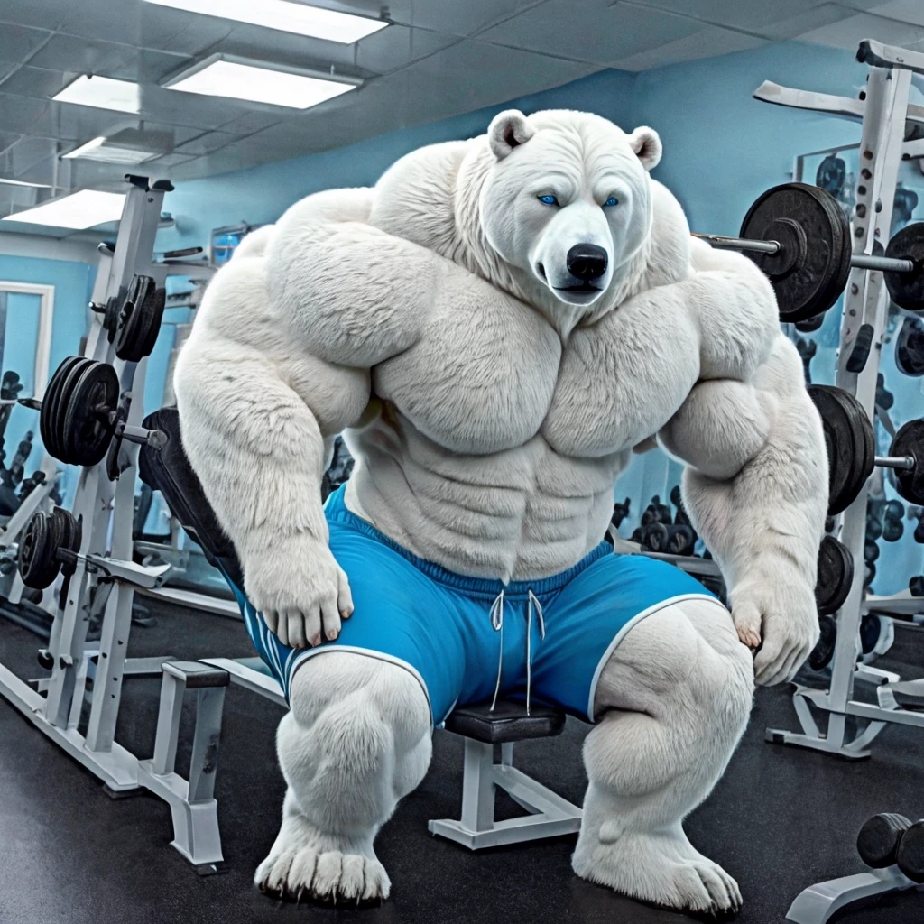 muscular polar bear, blue gym shorts, blue eyes, arctic fitness house, training, pumping, working out