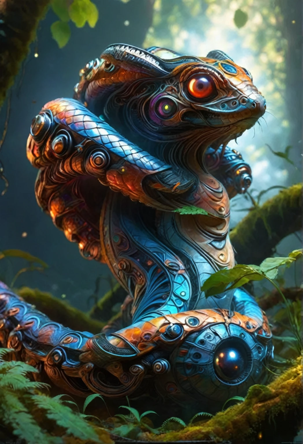 Image of a futuristic, cyberpunk boa constrictor looking directly at the camera with a penetrating and mesmerizing gaze. Its head appears to be in motion, creating a dynamic effect. The eyes shine intensely with a digital glow, and the details are incredibly sharp. The boa's metallic skin appears wet, reflecting light beautifully and showcasing a vibrant array of colors. It is wrapped around a beautiful tree adorned with moss and mushrooms. The image is colorful, with sunbeams filtering through the leaves, making the colors exceptionally vibrant. The ultra-detailed 4K quality captures the scene perfectly, evoking the beauty and intensity of an Ayahuasca vision, blended with a futuristic cyberpunk aesthetic