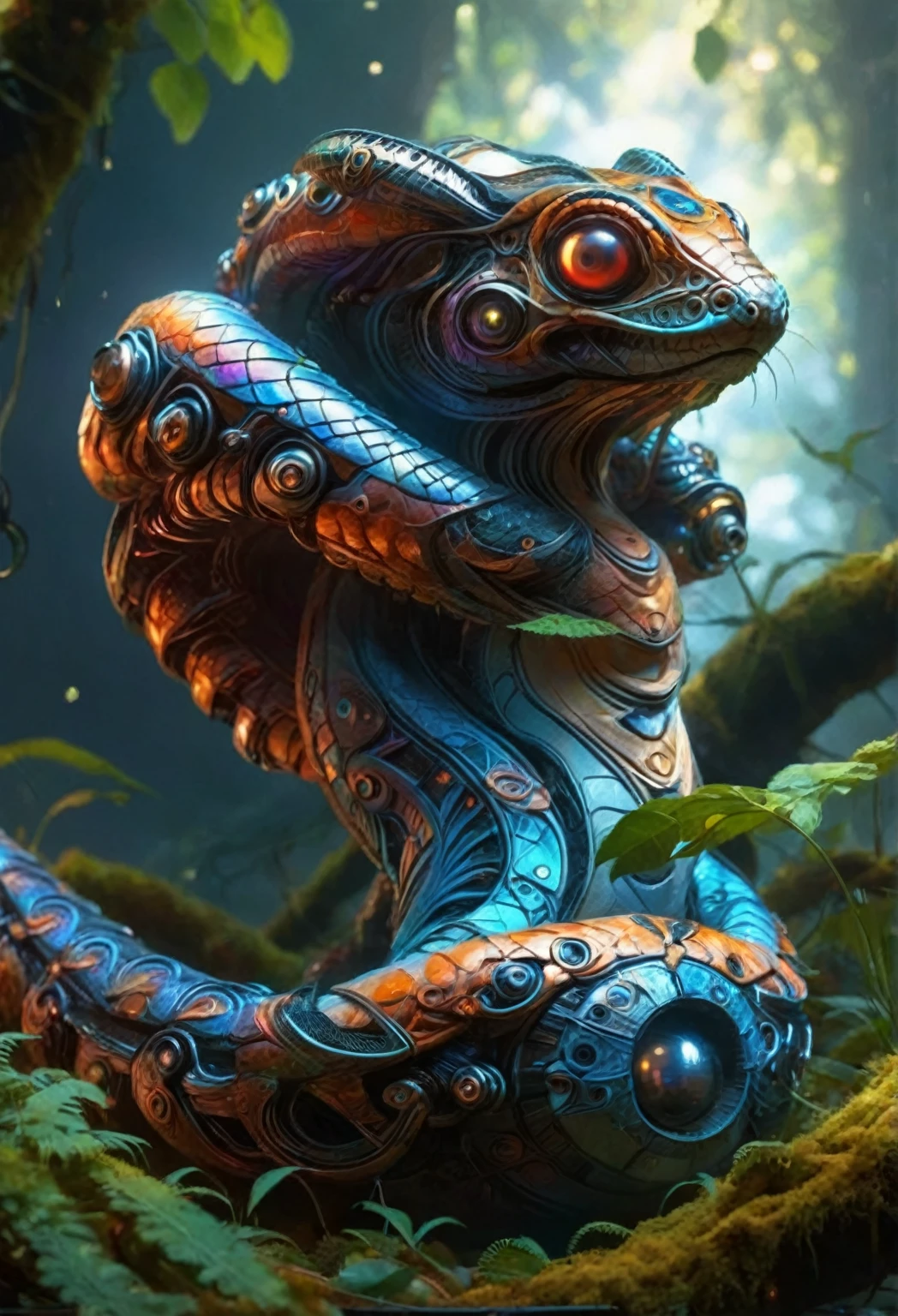 Image of a futuristic, cyberpunk boa constrictor looking directly at the camera with a penetrating and mesmerizing gaze. Its head appears to be in motion, creating a dynamic effect. The eyes shine intensely with a digital glow, and the details are incredibly sharp. The boa's metallic skin appears wet, reflecting light beautifully and showcasing a vibrant array of colors. It is wrapped around a beautiful tree adorned with moss and mushrooms. The image is colorful, with sunbeams filtering through the leaves, making the colors exceptionally vibrant. The ultra-detailed 4K quality captures the scene perfectly, evoking the beauty and intensity of an Ayahuasca vision, blended with a futuristic cyberpunk aesthetic