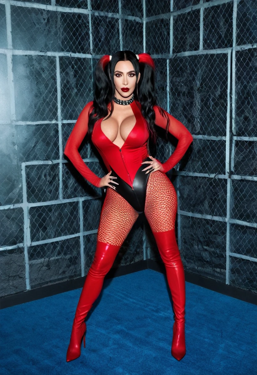 a woman in fishnets posing on a blue carpet, kim kardashian as harley quinn, very sexy devil outfit, full body shot close up, full body length, halloween, cardi b, in a halloween style, megan fox witch queen, kim kardashian, full body in shot, full body devil woman, red body suit, harsh, intriguing outfit, in red paint