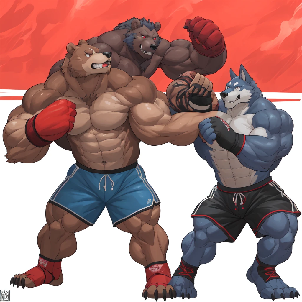 Huge muscular thick Grizzly Bear bodybuilder shirtless in blue MMA shorts, blue MMA gloves and blue foot wear, muscular Husky Dog bodybuilder shirtless in red MMA shorts, red MMA gloves and red foot wear, at the MMA tournament. MMA Grizzly bear vs MMA Huku challenger. Fighting match