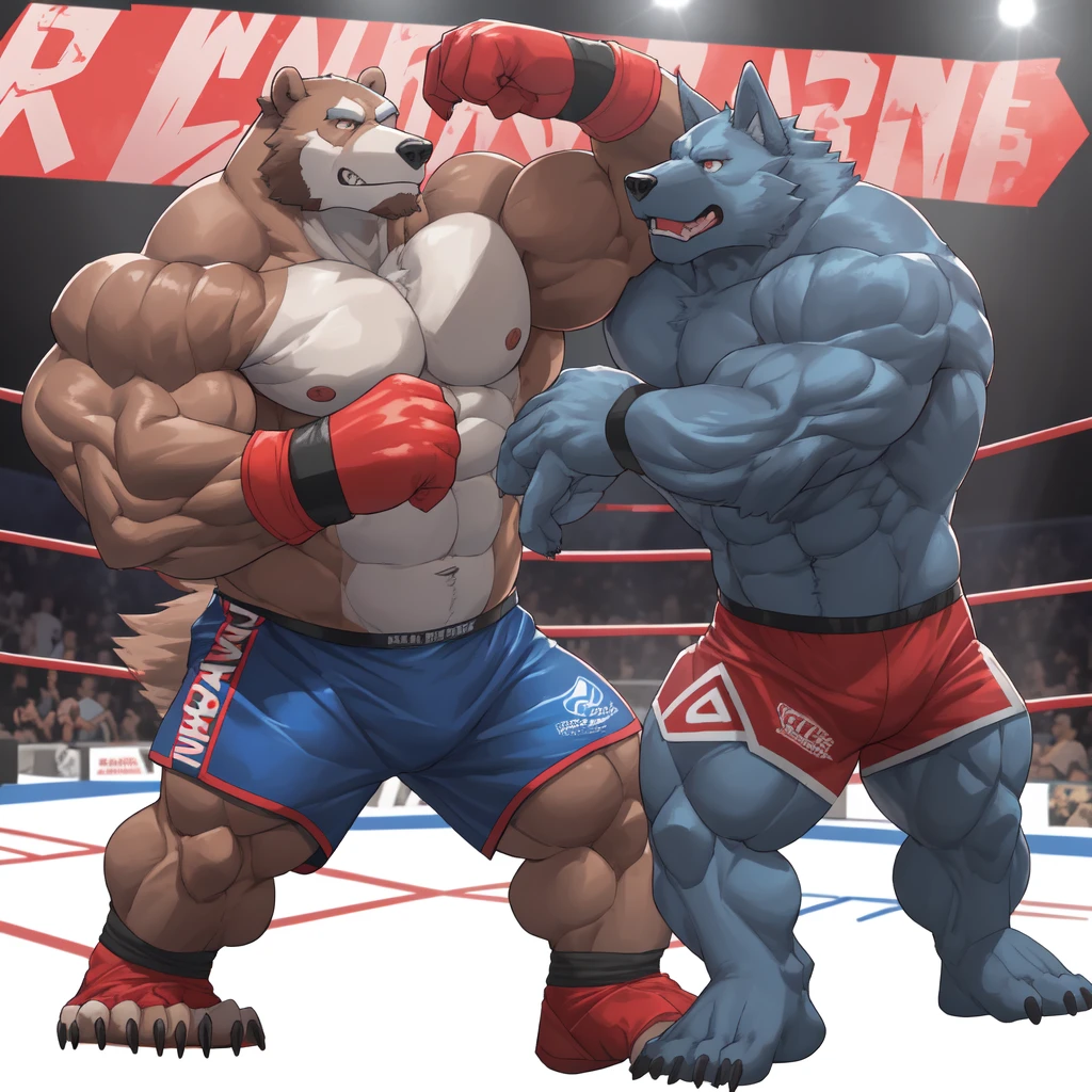 Huge muscular thick Grizzly Bear bodybuilder shirtless in blue MMA shorts, blue MMA gloves and blue foot wear, muscular Husky Dog bodybuilder shirtless in red MMA shorts, red MMA gloves and red foot wear, at the MMA tournament. MMA Grizzly bear vs MMA Huku challenger. Fighting match
