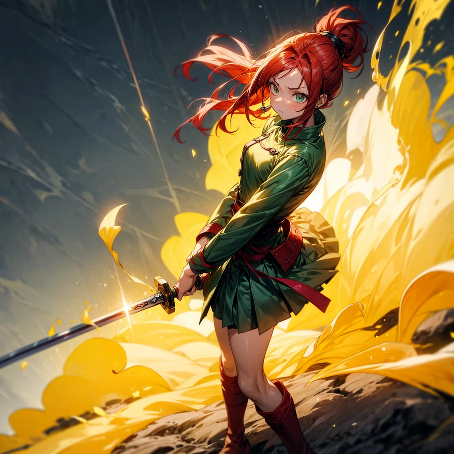 1girl, Full body version, 1character, green eyes color, long hairstyle, red colour hair, soldier style clothing, Long skirt, long socks, long boots, red earrings, two gold sword in two hand, full armors in body, full background, Grassroots, background in town, motion blur, shadow, standing gesture, sword emits a black aura, smoke, blue fire, lighting sword, lighting hologram, satan, lighting blue fire, (Hunter x Hunter style art)
