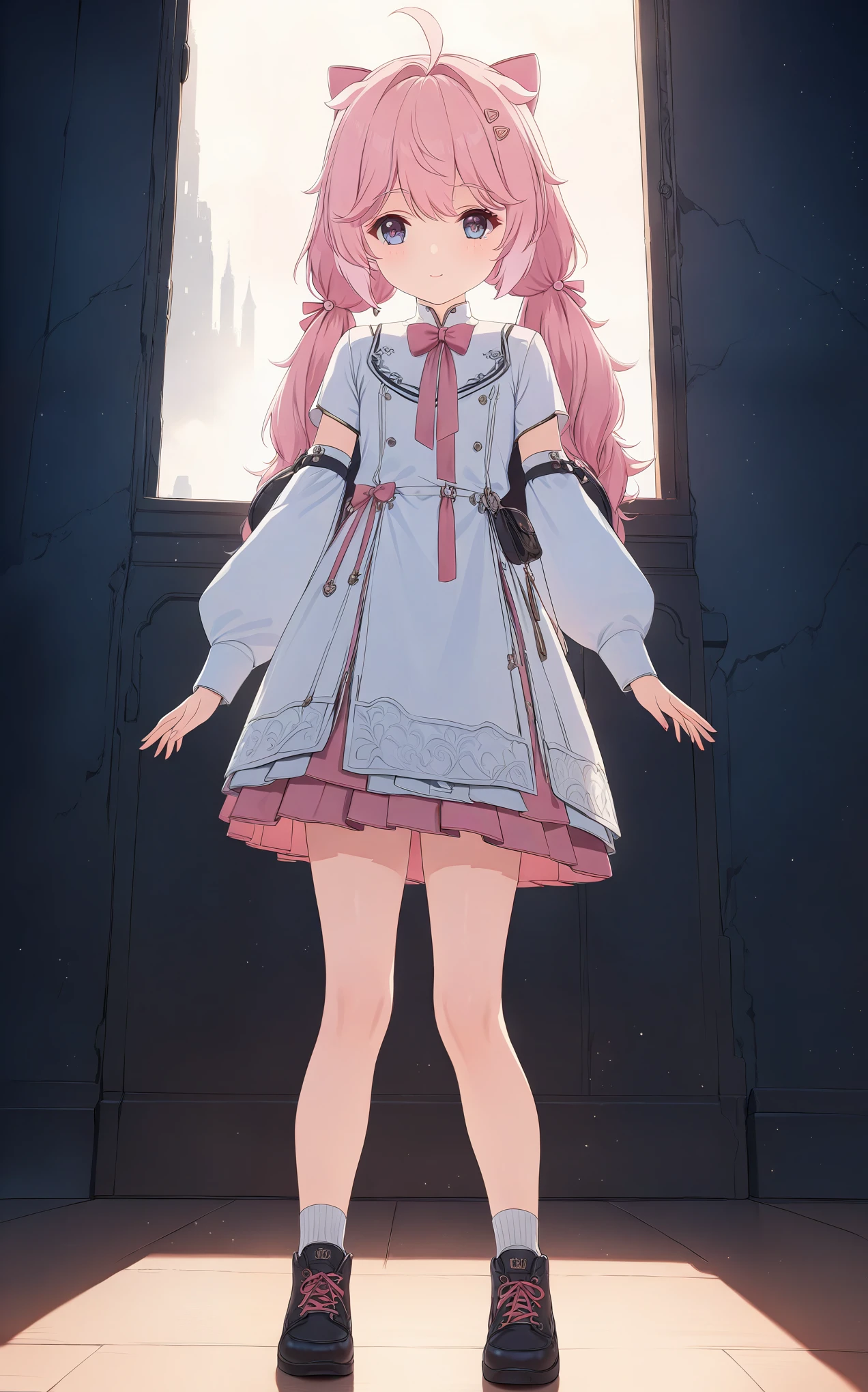 small girl, full length, correct anatomy, beautiful body,  cute, pink hair, many details, super detailed, atmospheric lighting, high quality, HD, realism