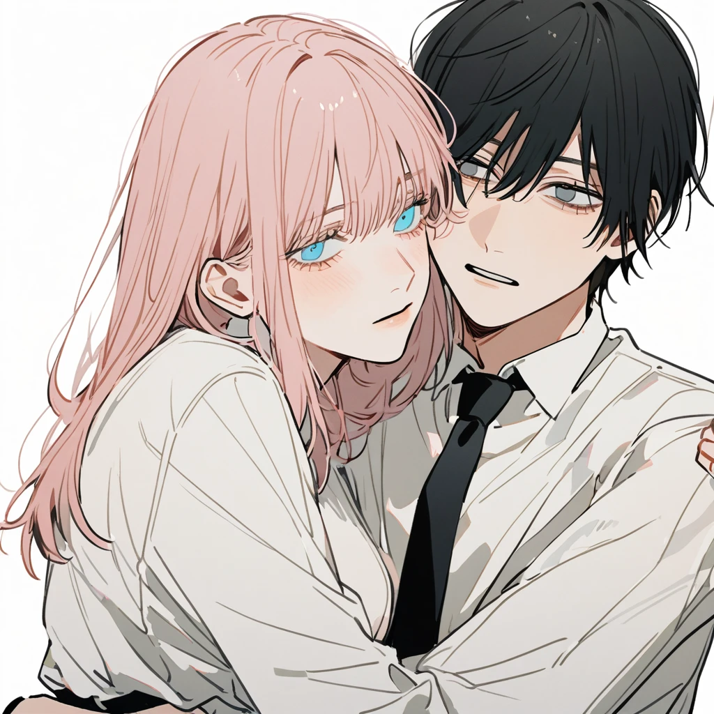 1 older woman with long, light pink hair and blue eyes,with 1 younger boy with short black hair and gray eyes,(she holding his face, they looking at each other), ((Couple)),both with a white blouse and a black tie,White background, (blood-stained clothes ),chainsaw man style 