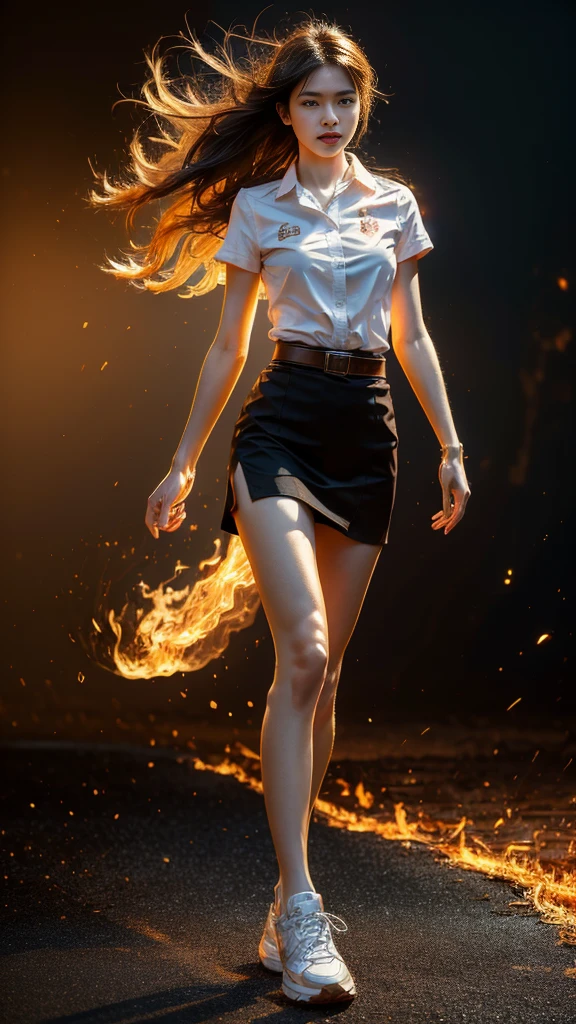 (fire element:1.2), knee shot, It consists of fire element,fire, transparency, burning, Frame print,burning hair,smoke,cloud,chopped, girl engulfed in flames, Flames fly and sparks scatter,mano burning,translucent luminescence, 18s woman in thai university uniform, long straight fire hair, white short-sleeve shirt, black tight mini skirt, brown belt, white sneakers, masterpiece:1.2, high detail, realistic, cinematic scene, fire goddess, slim and perfect figure, perfect body proportion, 16k, close up, portrait photo, dynamic powerful sexy pose, dynamic compositions