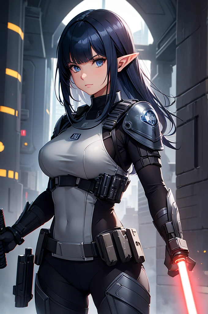 Create a high-quality image featuring an elf girl with dark navy blue hair and straight-cut bangs. She is a member of a special forces police unit, holding a lightsaber. The background should feature a city inside a dome, with a black armored vehicle beside her.