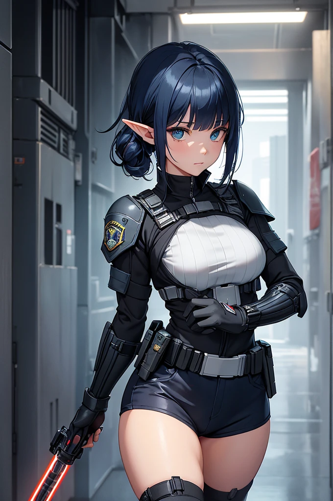 Create a high-quality image featuring an elf girl with dark navy blue hair and straight-cut bangs. She is a member of a special forces police unit, holding a lightsaber. The background should feature a city inside a dome, with a black armored vehicle beside her. 
