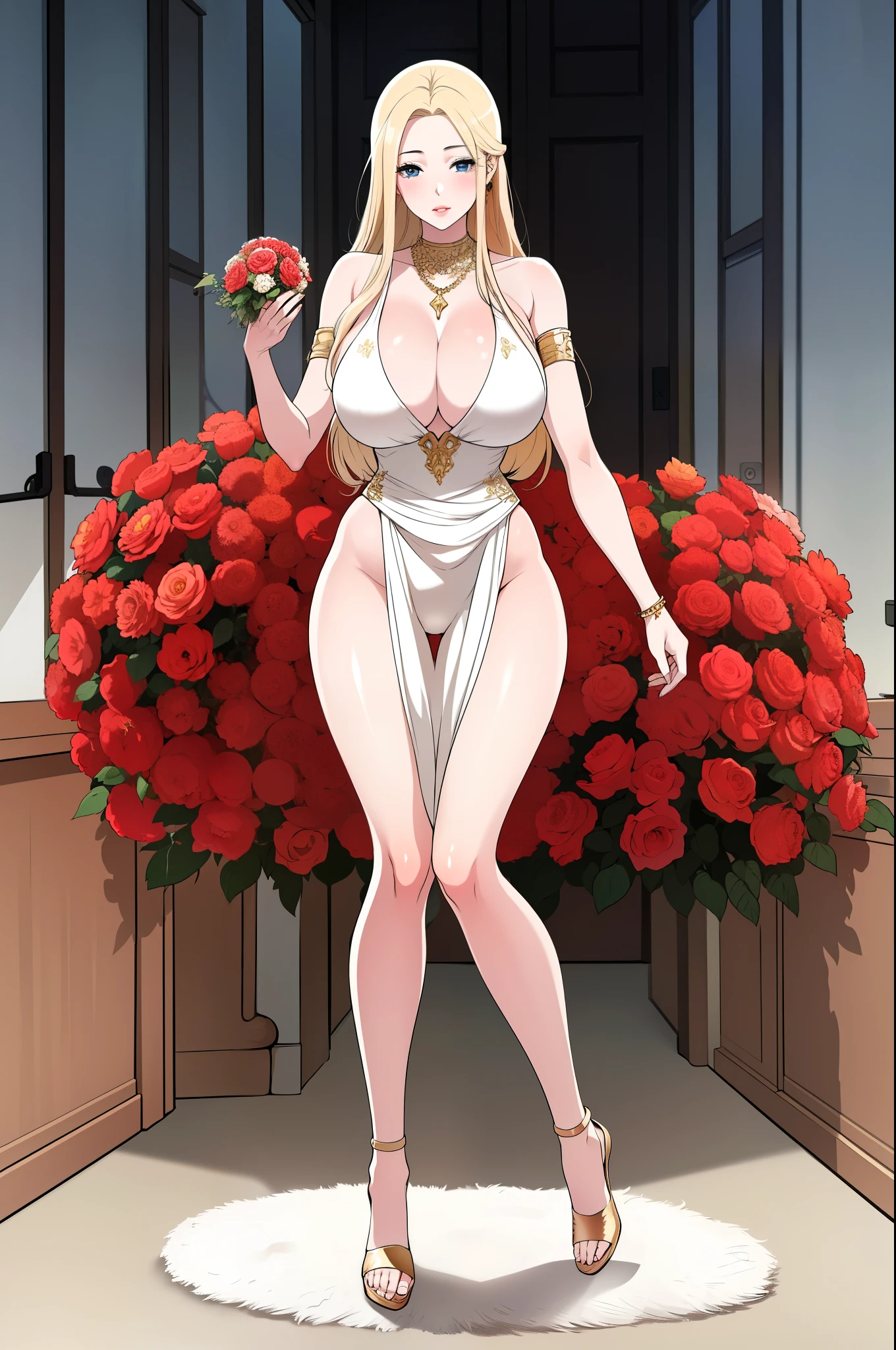 An extremely beautiful stunning woman with a perfect busty body, gold blonde long silky hair, big blue eyes, extremely super bright snow white fair stunning flawless glowing lush shiny flawless white skin, a perfect tight hourglass figure, and a skinny waist, sexy thick smooth luscious legs and thighs, extremely cute smile on the face, bright pink blushes on cheeks, wearing a short sexy tight revealing white bikini with threads, yellow heels, gold necklace on the neck, gold anklets on feet, gold chain on the waist, standing straight, holding a red roses bouquet, beach in the background, show full body from head to feet.

