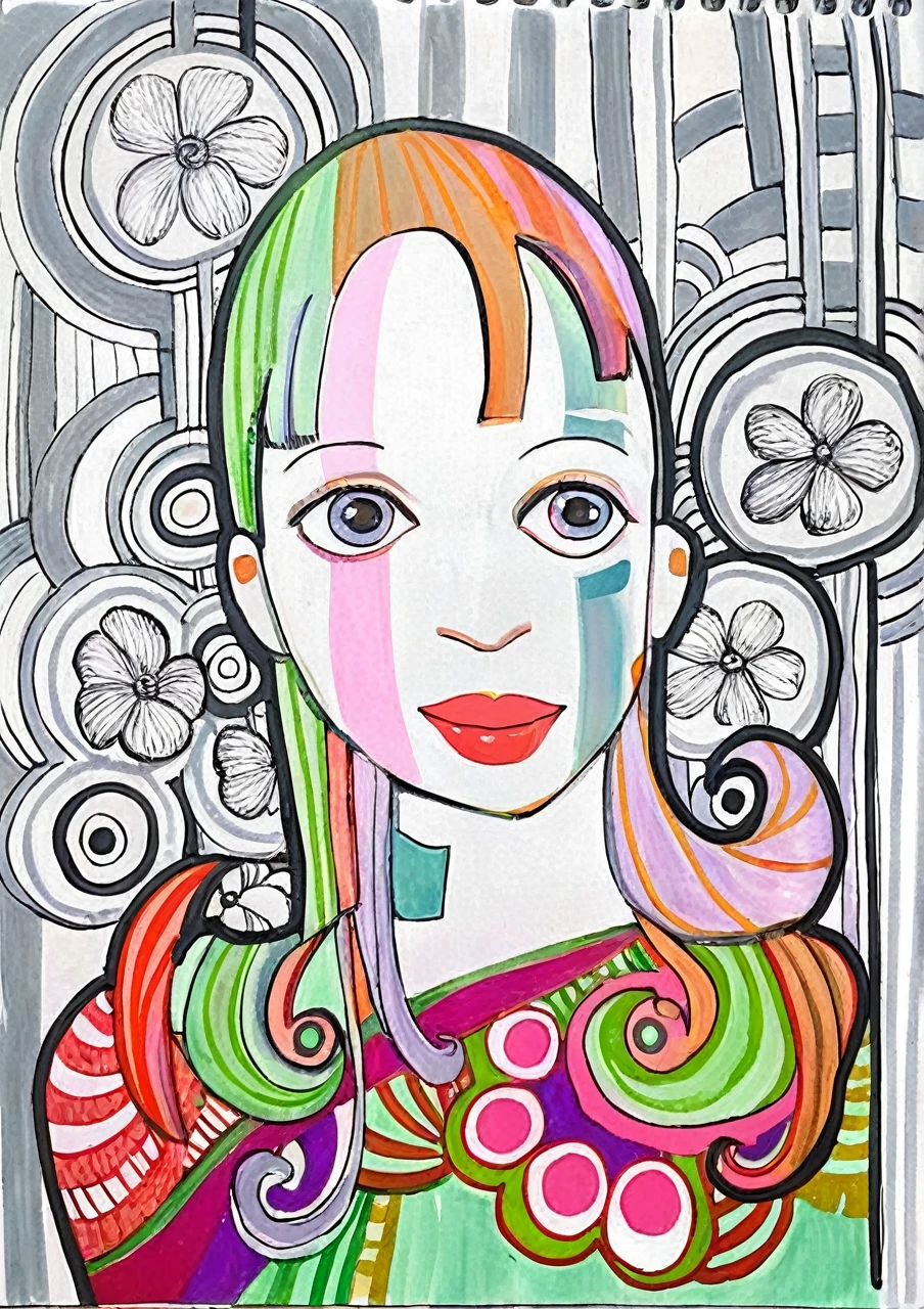 Colorful woman smiling, huge eyes, Gustav Klimt style realistic caricature proportion