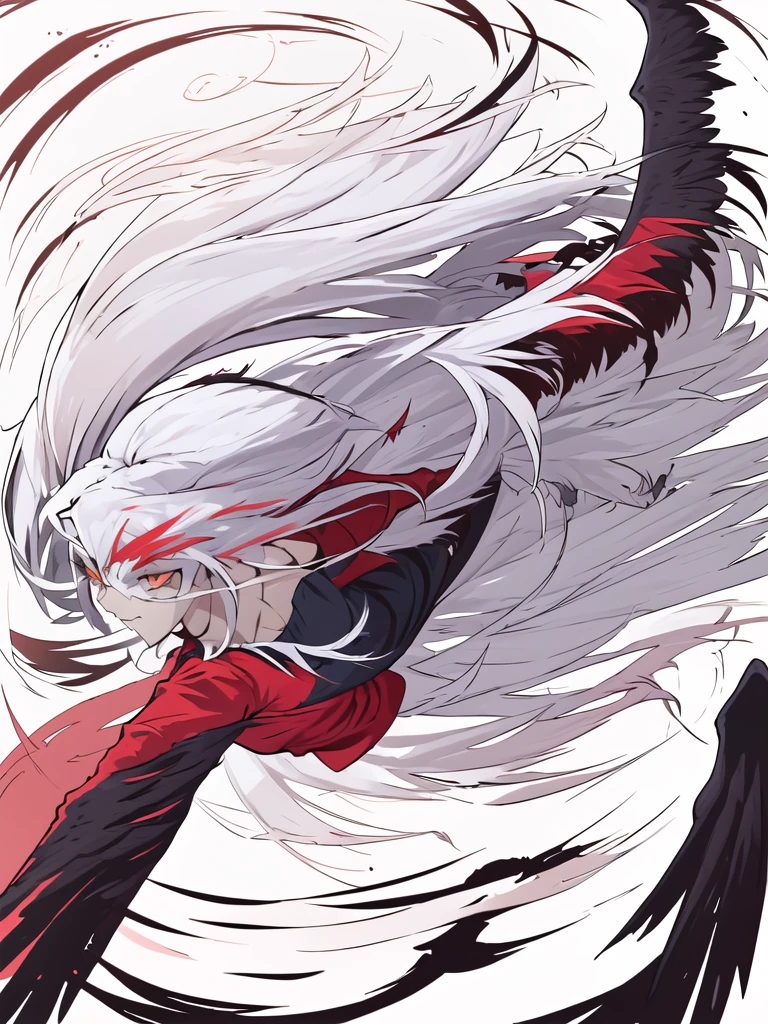 Vaggie, beautiful, dynamic wings and landing pose, solo, perfect anatomy, red shirt, black skirt, white hair, looking at viewer, upper body