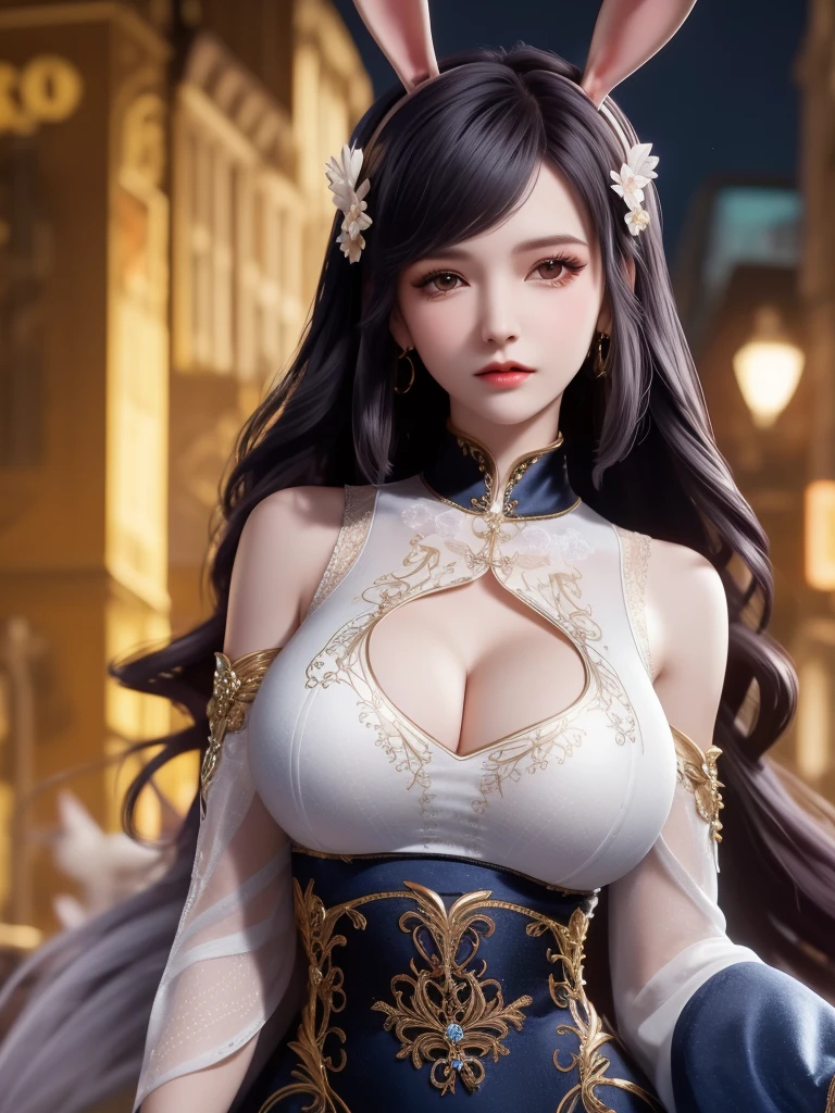 1girl,mature female, looking at viewer, cityscape, night, hair ornament, long hair, fake animal ears, skirt,shirt,clothing cutout, rabbit ears, detached sleeves,A lovely beautiful girl,lovely and delicate,Peerless beauty,Delicate hair accessories,pitying,(messy hair),Costume in lace,Supple skin,Fashionab,A delicate painting,Clover hairpins,Blue,Ultra-high image quality,8K,depth of fieldacro lens),Ambient lighting,high light,Upper body animation style,Comics,High quality above the waist,Big gothic hair, gothic tattoos on the body, face piercing, big breasts, black and sexy clothes