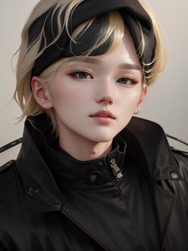 a closeup of a person wearing a black jacket, blonde hair yoongi, pale korean adorable face, profile headshot, taken in the early 2020s