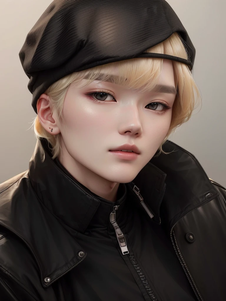 a closeup of a person wearing a black jacket, blonde hair yoongi, pale korean adorable face, profile headshot, taken in the early 2020s