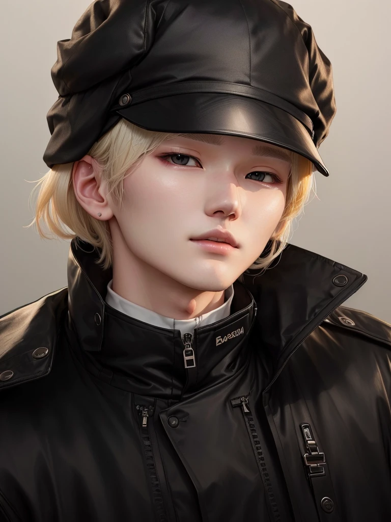 a closeup of a person wearing a black jacket, blonde hair yoongi, pale korean adorable face, profile headshot, taken in the early 2020s