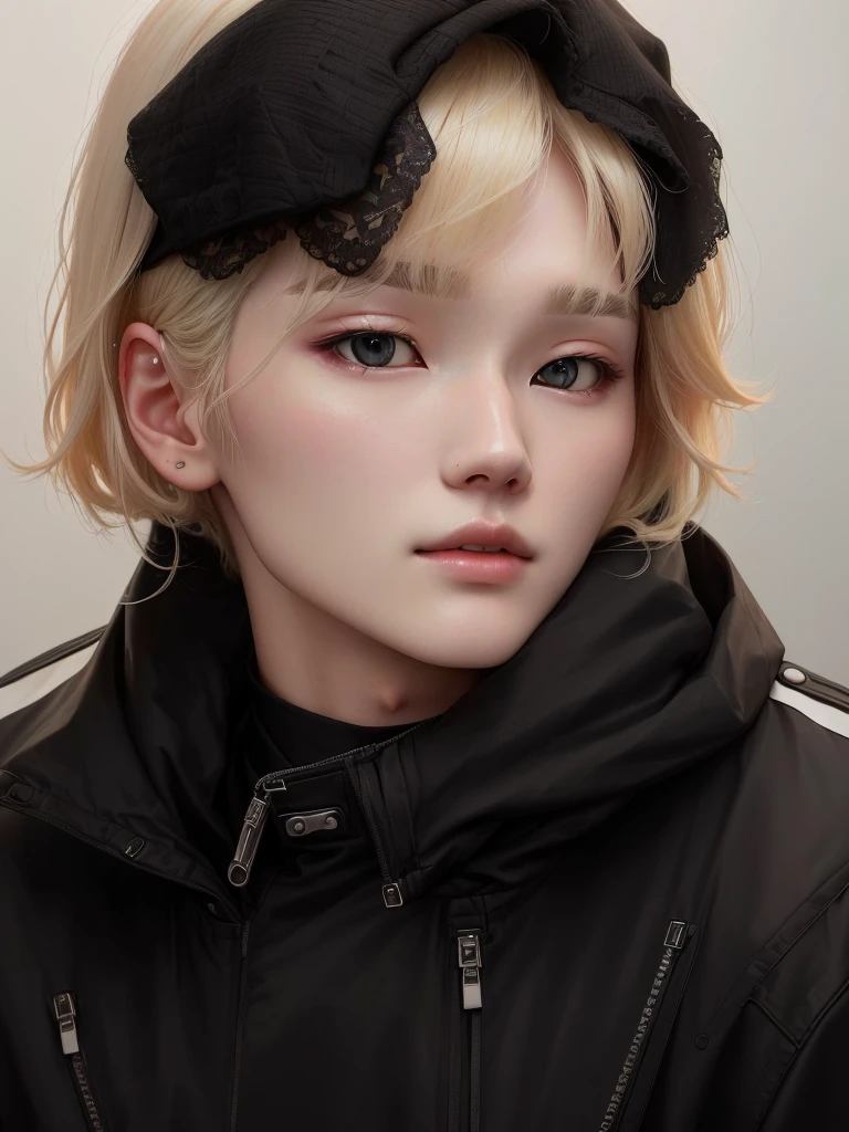a closeup of a person wearing a black jacket, blonde hair yoongi, pale korean adorable face, profile headshot, taken in the early 2020s