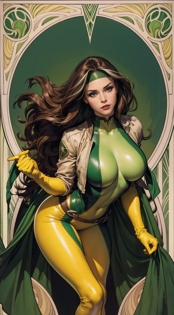 (masterpiece:1.0), (best_quality:1.2), Classic Rogue, 1991 Rogue X-Men, 1 girl, Only 1, full body view, medium length hair, brown hair, wavy hair, messy hair, one lock of white hair, green eyes, mischievous look, smirking, fit figure, curvy figure, medium breasts, lipstick, makeup, jacket, green headband, belt, yellow gloves, skin tight bodysuit, open jacket, light source from above, (realism: 1.5), (Realistic: 1.4), (Absurdity:1.4), 8k, ultra-detailed, Detailed Beautiful Woman, (Art Nouveau style), influence by John William Waterhouse and Alphons Mucha, circles, banners, background colors: green, gold, yellow, white, beige